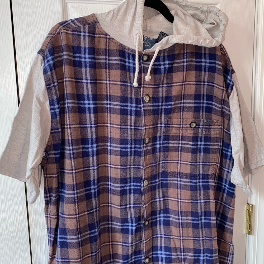 Vintage 90's Plaid Hooded Short Sleeve Flannel T-shirt - Picture 4 of 7